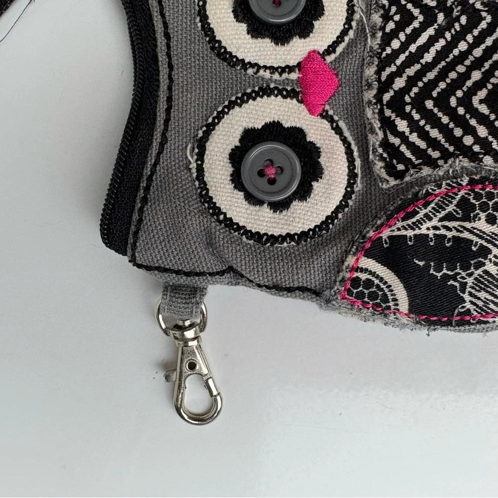 Thirty One Gifts gray, black, white and pink patchwork owl coin purse